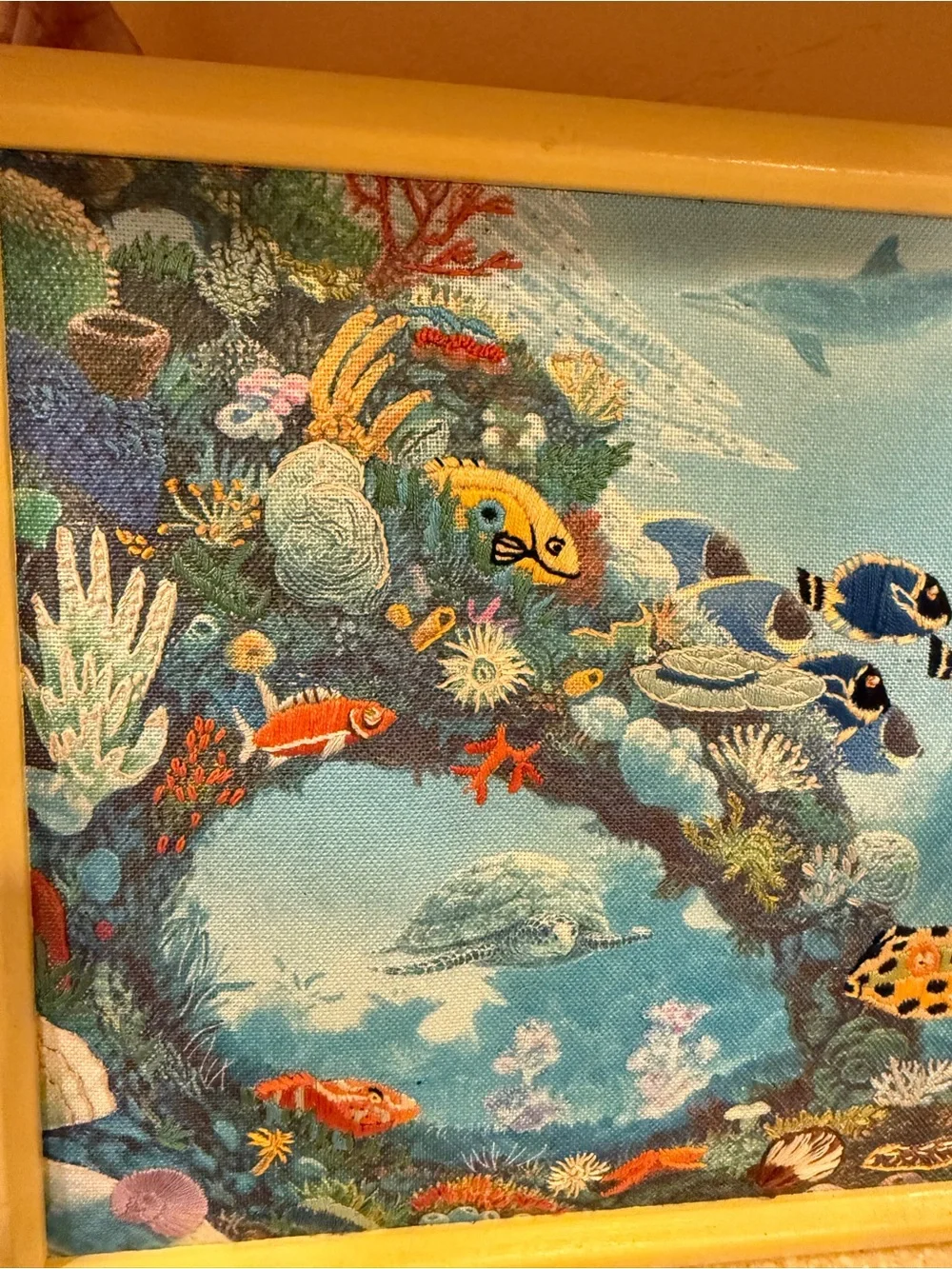 Unique Tropical Fish Reef Needle Point Embroidered Wall Art in Blue and Yellow